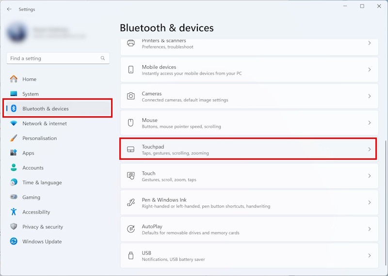 Click on Bluetooth & devices and select Touchpad from the column on the right